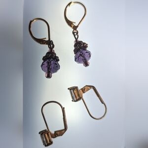 Vintage 2 pair earrings clear purple  rhinestone hook clip gold silver tone